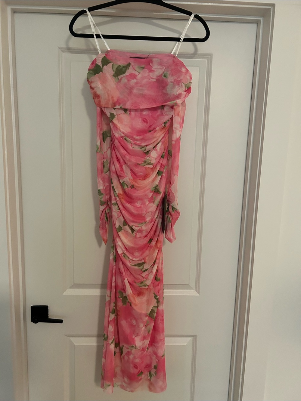 Lulu's Amorette Pink & Green Floral Off The Shoulder Fitted Maxi Dress